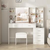 Vabches Vanity Desk with Mirror and Lights, White Vanity Table with 3 Color Lighting, Makeup Vanity Desk with Charging Statio...