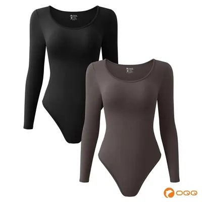 OQQ-Nine cents Women's 2 Piece Bodysuits Sexy Ribbed One Piece Long Sleeve Crew Neck Tops Bodysuits Soft Stretchy Womenswear ...