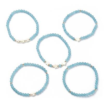 5Pcs 5 Style Natural Dyed White Jade & Pearl & Shell Star Beaded Stretch Bracelets Set