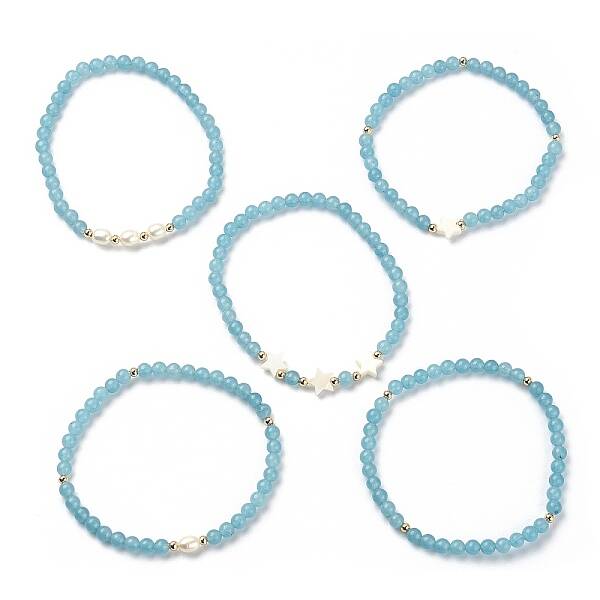 5Pcs 5 Style Natural Dyed White Jade & Pearl & Shell Star Beaded Stretch Bracelets Set