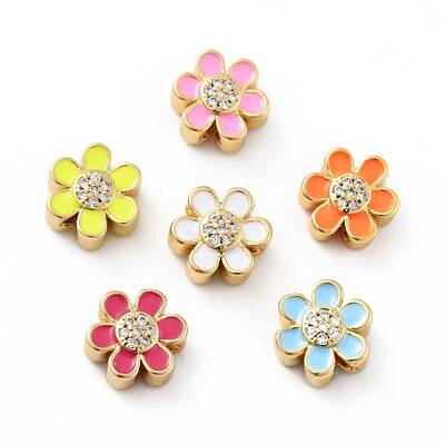 Flower Brass Micro Pave Clear Cubic Zirconia Beads