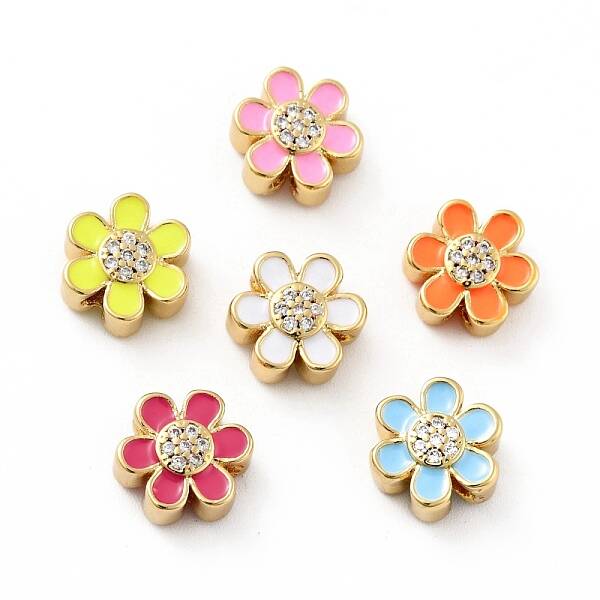 Flower Brass Micro Pave Clear Cubic Zirconia Beads