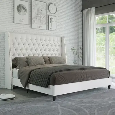 Amerlife Nail Button Tufted Wingback Bed Frame, Linen Upholstered Platform Bed with 56\