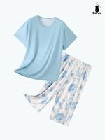 【Plus Size】 Floral Print Tee & Pants Pyjama Two-piece Set, Casual Comfy Round Neck Shortsleeve T-shirt & Capri Trousers...