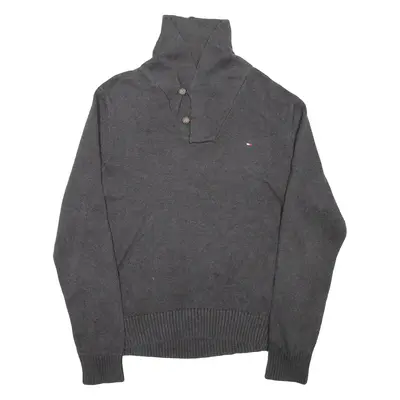 TOMMY HILFIGER Mens Jumper Grey Button Neck Tight Knit L