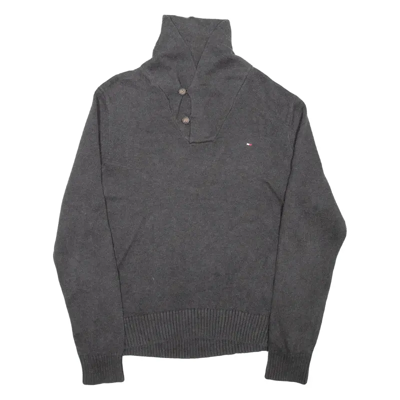 TOMMY HILFIGER Mens Jumper Grey Button Neck Tight Knit L