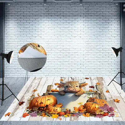 Aperturee Cow Maple Leaf Pumpkin Wooden Halloween Floor Mat | Floor Backdrop Photography | Photography Floor Backdrop | Fabri...