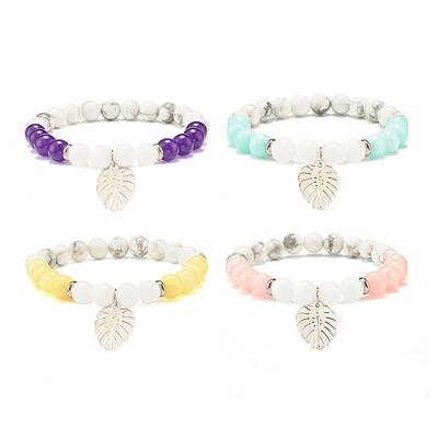 Natural Malaysia Jade(Dyed) & Howlite Round Beads Stretch Bracelet with Leaf Charm for Women