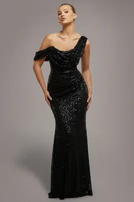 Goddiva Sequin Cowl One Shoulder Maxi Dress - Black