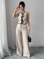 Two-piece Set Women's Contrast Binding Top & Wide Leg Pants, Casual Fitted Fashion Cozy Minimalist Clothing Sets for Daily We...