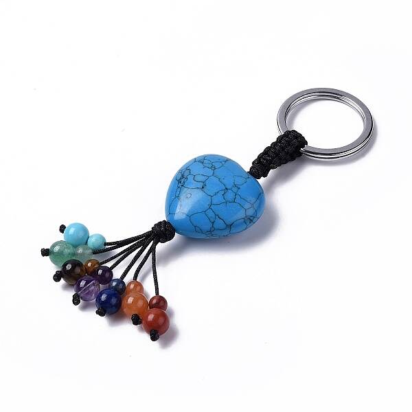 Synthetic Turquoise Heart with Mixed Gemstone Tassel Keychains