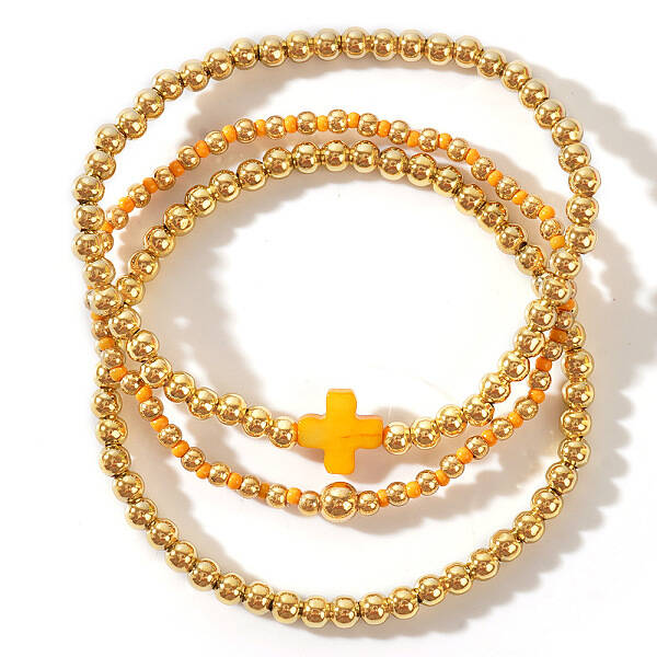 3Pcs Golden Luxury Brass Beaded Gothic Cross Ladies Elastic Bracelet Sets