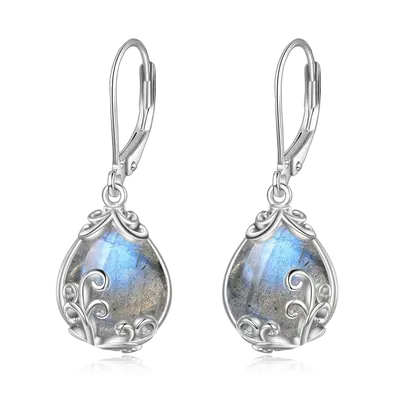 Sterling Silver Lablagite Drop Shape & Filigree Lever-back Earrings