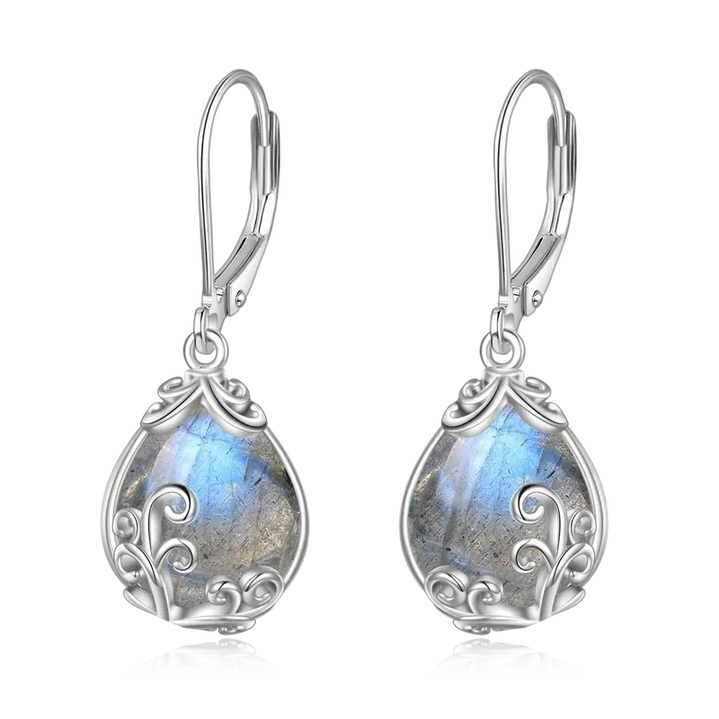 Sterling Silver Lablagite Drop Shape & Filigree Lever-back Earrings