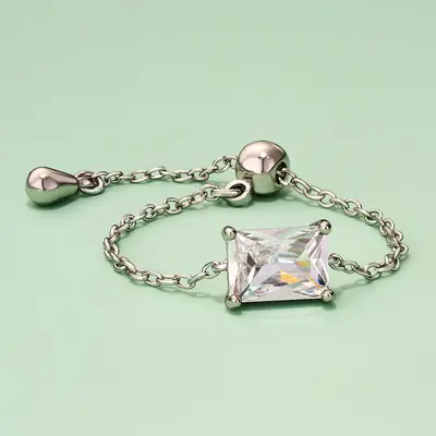 Oval/Rectangle/Heart CZ Adjustable Chain Ring - Silver / Rectangle