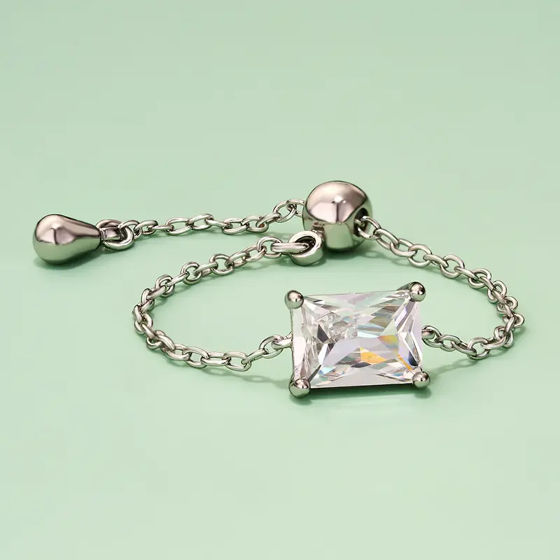 Oval/Rectangle/Heart CZ Adjustable Chain Ring - Silver / Rectangle