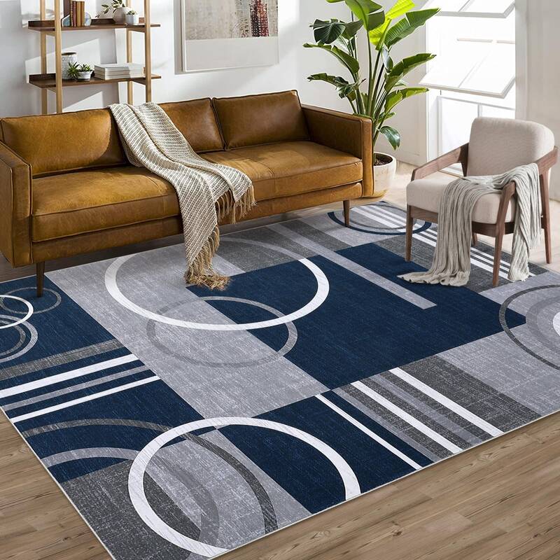 Garvee Modern Navy Blue 10x13 Area Rug Geometric Pattern Non-Slip Low Pile Synthetic Fiber Washable Modern Farmhouse Blue Liv...
