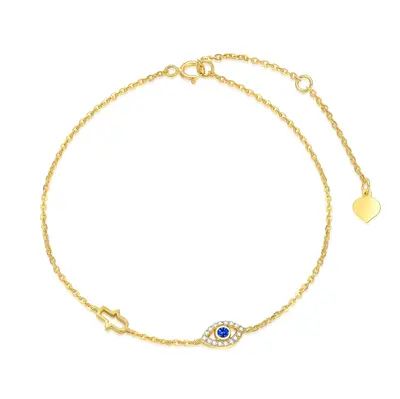 14K Gold Cubic Zirconia Evil Eye & Hamsa Hand Charm Bracelet