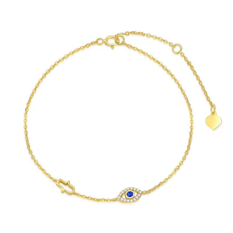 14K Gold Cubic Zirconia Evil Eye & Hamsa Hand Charm Bracelet