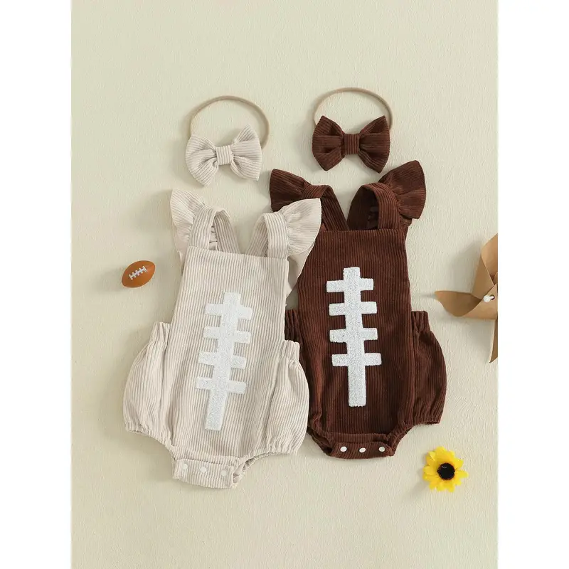 Newborn Baby Girl Football Outfit Ruffle Sleeveless Rugby Embroidery Romper Corduroy Bodysuit Game Daily Clothes
