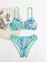 Women's Ditsy Floral Print Bikini Set, Casual Fashion Chic Swim Top & Swim Bottom Set for Beach Holiday Vacation, Ladies Swim...