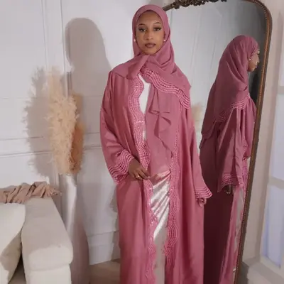 Amara Pink Abaya with Matching Hijab and Belt - Elegant Design for Women's Fashion