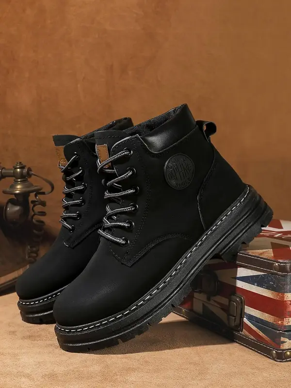Men's Fashion Patched Design Lace up Pu Leather Boots, Casual Comfortable Mid-calf Boots for Boy, Fashion All-match Leisure S...