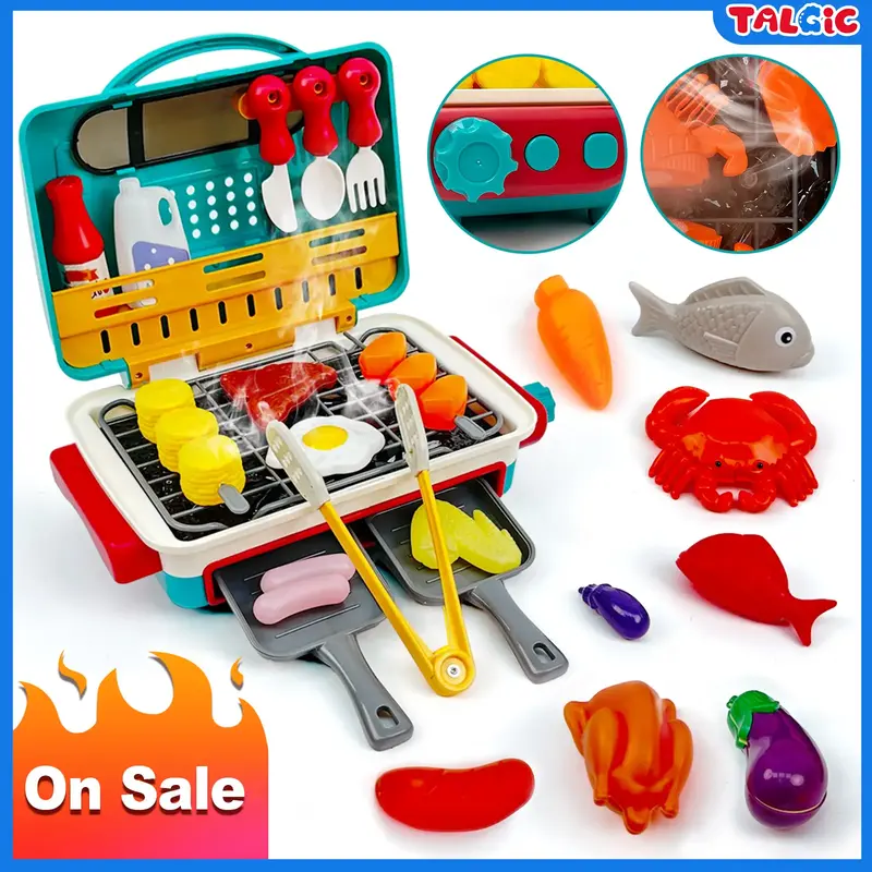 Talgic BBQ Grill Toy For Boys and Girls 3+ Color change Steam and Light Function Crab Eggplant Cutlery Ketchup