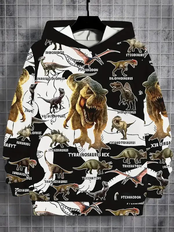 Boys' Fashion Dinosaur 3D Print Graphic Casual Hoodie Sweatshirt, Full Body Autumn Sports Top, Perfect for Outdoor Activities