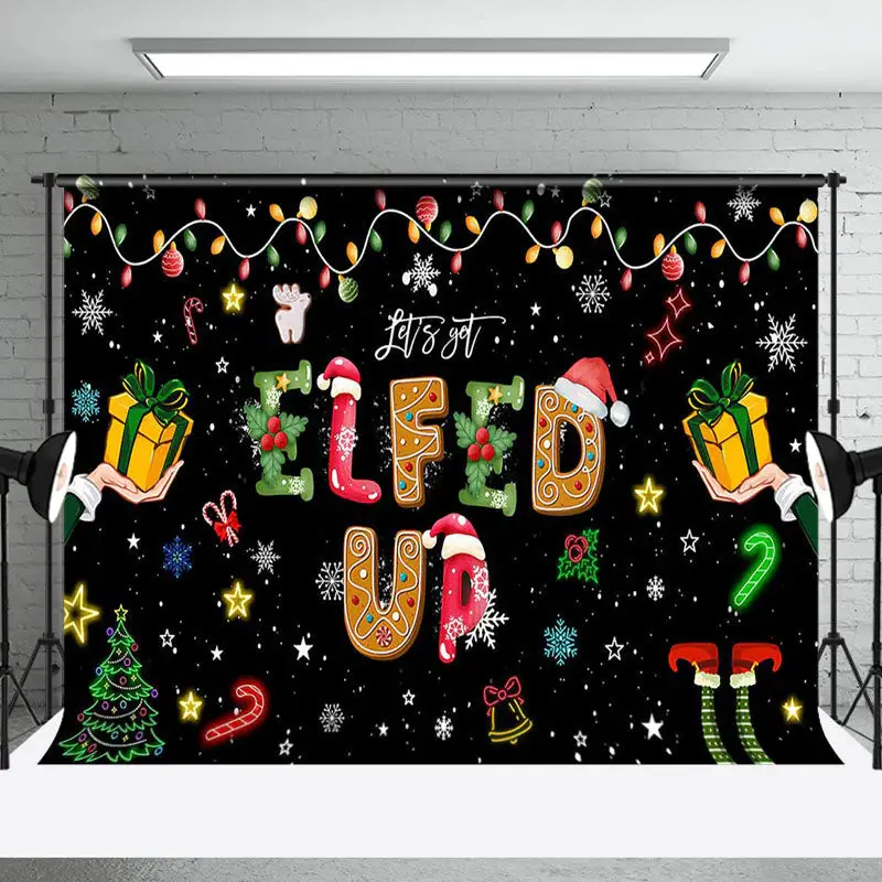 Aperturee Elfed Up Stars Snow Gifts Merry Christmas Backdrop - Aperturee