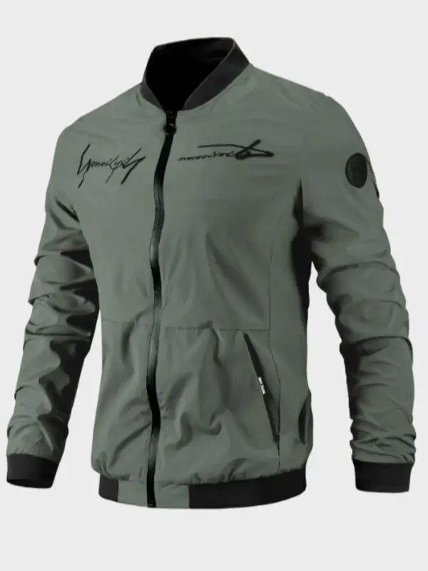 Men's Letter Print Zip Front Mock Neck Jacket, Regular Fit Casual Pocket Bomber Winter Jacket, Men's Edgar Outerwear, Menswe...