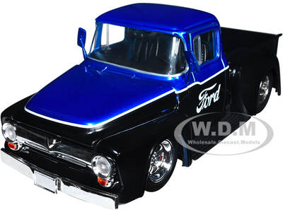 1956 Ford F-100 Pickup Truck Black and Blue Metallic with Ford Graphics \