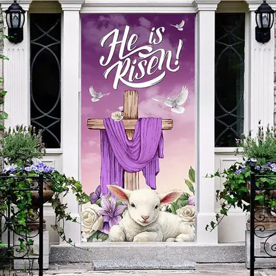 Aperturee Purple He Is Risen Cross Lamp Floral Door Cover, 30x80 Inch, 28.48 USD, easter door covers, ZXML082A-A
