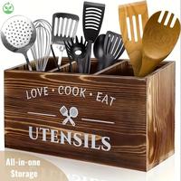 Wooden Kitchen Utensil Storage Box, 1 Count Kitchen Utensil Holder with Dividers, Countertop Organizer for Forks, Knives & Sp...