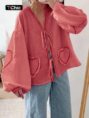 Modest Fashion Women's Plaid Print Heart Embroidery Tie Front Blouse, Casual Lantern Sleeve V Neck Top for Fall & Winter, Wom...