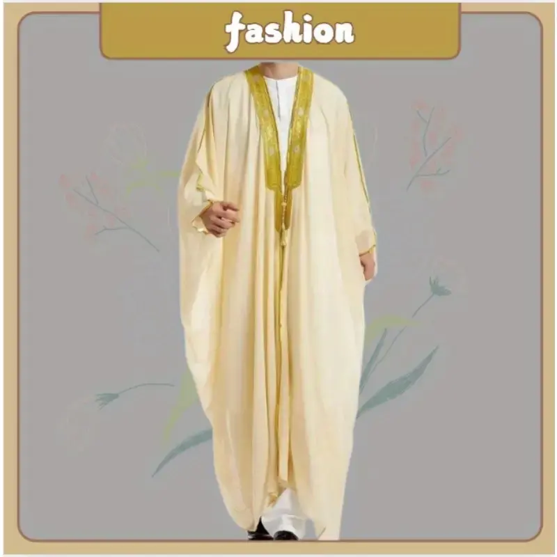 Elegant Muslim Thobe Gold Fringe Beige Robe Islamic Theme Outfit for Men Wedding Cultural Occasion Durable Wear traditional  ...