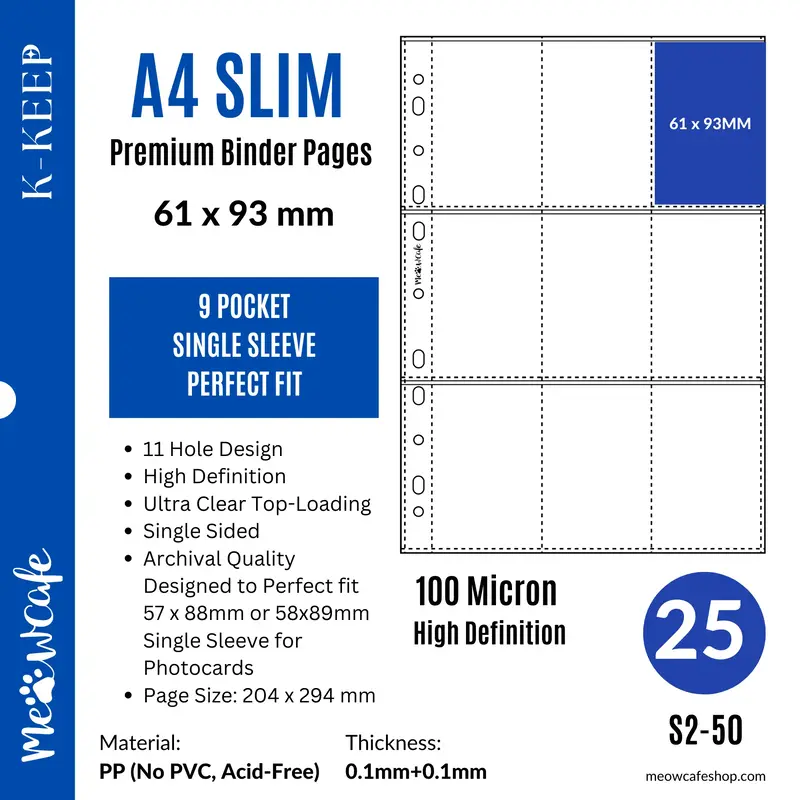 K-KEEP [A4 SLIM] -  9 Pocket (61x93mm) For Perfect Fit (59.5x91/58x89 mm) Sleeve  - 11 Holes Premium Binder Pages, 100 Micron...