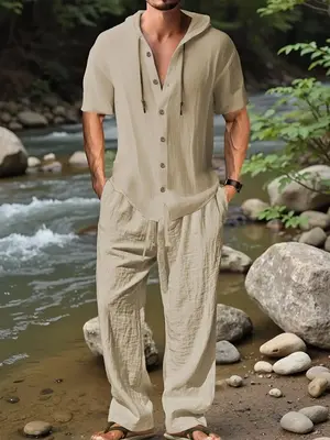 Two-piece Set Men's Solid Linen Set, Casual Breathable Breezy Quick-drying Top & Drawstring Wide-leg Pants Set for Beach Holi...