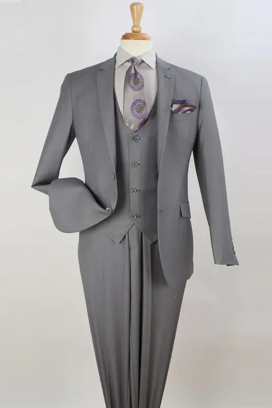 Light Grey Slim Fit Two Button Men's Suit with Scoop Vest