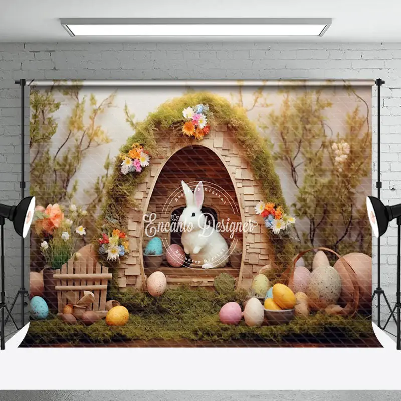 Wood Rabbit Hole Colorful Egg Floral Easter Backdrop - Aperturee
