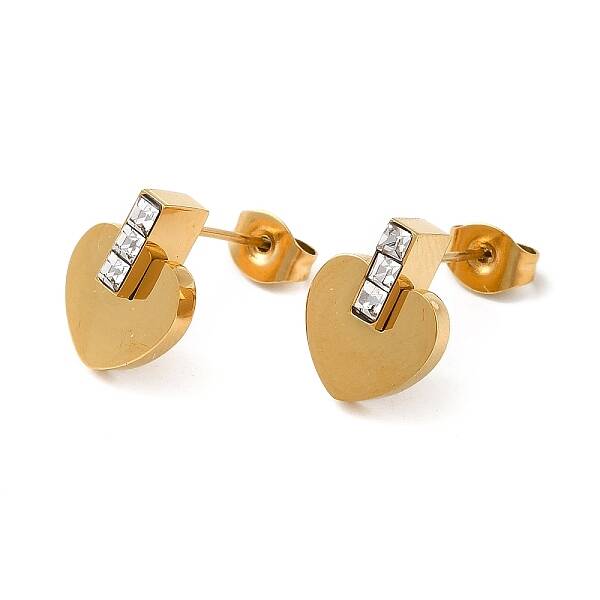 Ion Plating(IP) 304 Stainless Steel Heart Stud Earrings with Rhinestone