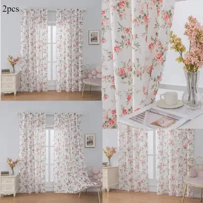 Floral Print Window Curtain, 2 Counts Simple Casual Window Drapes, Window Screen for Home Living Room Bedroom Kitchen, Room D...