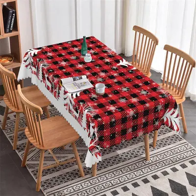 Pine Tree Reindeer Red Plaid Christmas Tablecloth - Aperturee