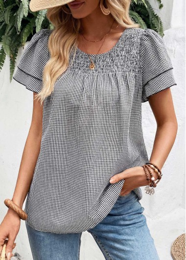 Modlily Black Plaid Tummy Coverage Short Sleeve T Shirt - L