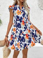 Women's All Over Floral Print Dress, Bohemian Casual Cap Sleeve Dress for Summer, Ladies Clothes for Beach Holiday Vacation
