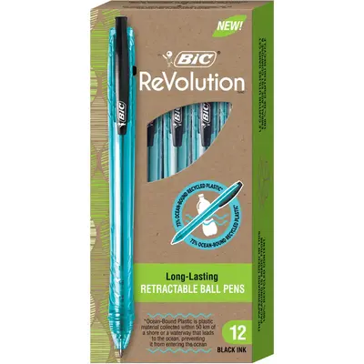 BIC ReVolution Ocean-Bound 73% Recycled Plastic Ball Pen, Medium Point (1.0 mm), 100% Recycled Packaging, Black, 12-Count