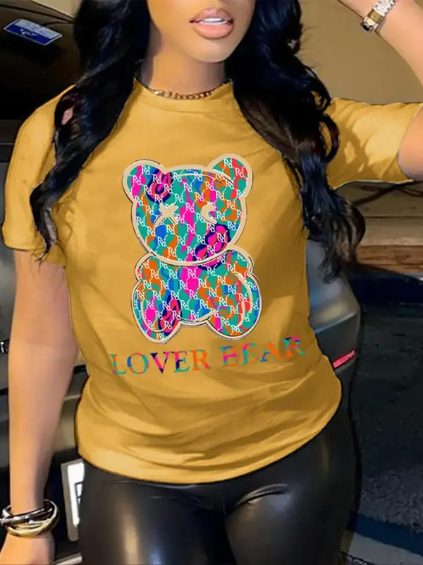Women's Cartoon Bear & Letter Print Round Neck Graphic Tees, Comfort Shortsleeve Womenswear, T Shirts for Women, Casual Short...