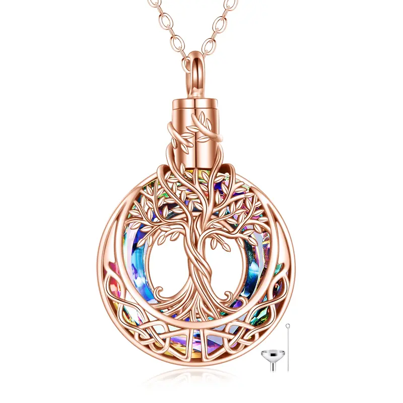 Sterling Silver with Rose Gold Plated Crystal Tree Of Life & Celtic Knot Urn Necklace for Ashes
