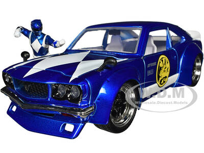 1974 Mazda RX-3 Candy Blue with White Interior and Graphics and Blue Ranger Diecast Figure \