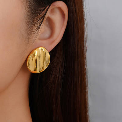 Stylish Stainless Steel Flat Round Striped Button Stud Earrings